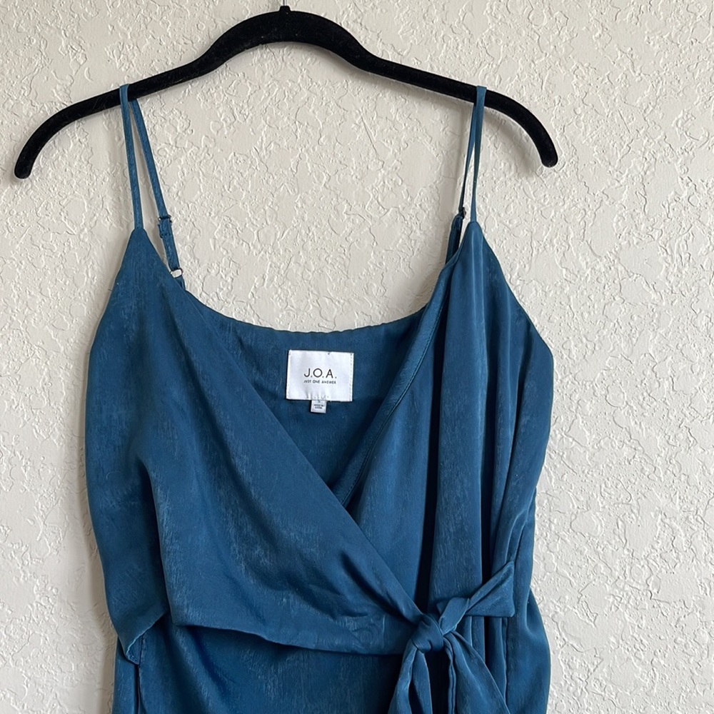 JOA | FALL IN LOVE TEAL BLUE SATIN MIDI WRAP DRESS - Picture 5 of 10